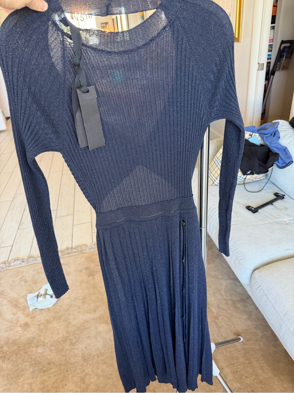 Pinko Navy Long-Sleeve Pleated Knit Dress